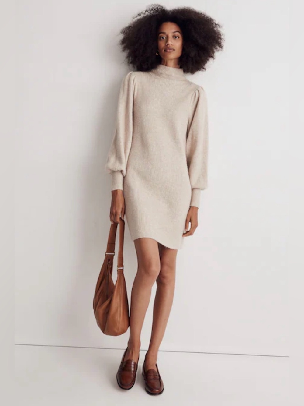 Madewell Cream Mock-Neck Puff-Sleeve Knit Mini Dress STILL ON LINE